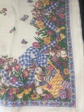 Vintage Easter Tablecloth BunniesMulticolor Floral & Gingham Ribbon w/4 napkins
